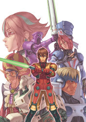Rule 34 | 1girl, 6+boys, absurdres, akikazu mizuno, android, ash (phantasy star online), bernie, bernie (phantasy star online), clenched hands, earrings, elbow gloves, energy sword, energy weapon, expressionless, fighting stance, fingerless gloves, fomar, fonewm, glasses, gloves, glowing, goggles, hat, highres, hucast, huge weapon, humar, jean carlo montague, jewelry, kireek, multicolored hair, multiple boys, official art, phantasy star, phantasy star online, pointy ears, profile, racast, red ring rico, robot, sakai satoshi, sega, serious, simple background, streaked hair, sword, two-tone hair, wataru watanabe, weapon, white background