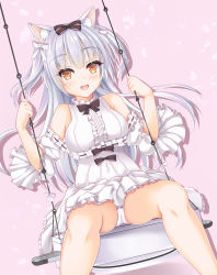 Rule 34 | 1girl, animal ears, azur lane, breasts, cat ears, center frills, commentary request, detached sleeves, frills, highres, long hair, looking at viewer, medium breasts, panties, pantyshot, pink background, ribbon, seesaw, shrimp 3, silver hair, sleeveless, solo, spread legs, underwear, white panties, yellow eyes, yukikaze (azur lane), yukikaze (sovereign of the swing) (azur lane)