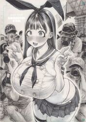Rule 34 | 1girl, 6+boys, @ @, blush, breasts, camera, comiket, cosplay, crowd, double v, elbow gloves, eyelashes, gloves, greyscale, hairband, hat, highleg, highleg panties, highres, hirune (imomonono), huge breasts, kantai collection, long hair, looking at viewer, microskirt, miniskirt, monochrome, multiple boys, neckerchief, nose blush, open mouth, original, panties, sailor collar, shimakaze (kancolle), shimakaze (kancolle) (cosplay), skirt, sleeveless, solo focus, striped clothes, striped thighhighs, sweat, taking picture, thighhighs, traditional media, underwear, v