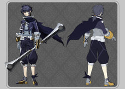 Rule 34 | 1boy, absurdres, belt, belt buckle, black hair, blue scarf, buckle, character sheet, closed mouth, earrings, gauntlets, gloves, grey eyes, hair between eyes, highres, holding, holding sword, holding weapon, jewelry, male focus, multiple views, neko sheep, original, pouch, scarf, single earring, standing, sword, torn clothes, weapon, white gloves