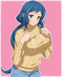 Rule 34 | 10s, 1girl, aqua eyes, blue hair, breasts, gundam, gundam build fighters, hobenkei, iori rinko, large breasts, lips, long hair, looking at viewer, mature female, pink background, ribbed sweater, smile, solo, sweater, turtleneck