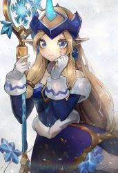 Rule 34 | 1girl, absurdres, alternate costume, alternate eye color, alternate hair color, alternate skin color, bare shoulders, blonde hair, blue dress, blue eyes, cappu, dress, earrings, fur trim, gloves, hair ornament, highres, holding, holding staff, horns, huge filesize, jewelry, league of legends, long hair, looking at viewer, pointy ears, simple background, single horn, snowflakes, snowing, solo, soraka (league of legends), staff, very long hair, white background, white gloves, winter wonder soraka