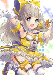 Rule 34 | 10s, 1girl, blue eyes, blush, bow, child, dress, garter straps, gloves, granblue fantasy, hair bow, harvin, highres, jumping, lilulu, long hair, looking at viewer, open mouth, pointy ears, silver hair, simple background, smile, solo, sparkle, tetsujin momoko, thighhighs, white background, white gloves, white thighhighs