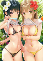 Rule 34 | 10s, 2girls, :p, absurdres, arm under breasts, armpits, asymmetrical docking, bikini, bikini pull, black bikini, black hair, blush, breast hold, breast press, breasts, brown hair, cleavage, clothes in mouth, clothes lift, clothes pull, cowboy shot, flower, food, front-tie bikini top, front-tie top, hair bun, hair flower, hair ornament, hibiscus, highres, kunikida hanamaru, large breasts, long hair, looking at viewer, love live!, love live! sunshine!!, mignon, mouth hold, multiple girls, navel, popsicle, purple eyes, scan, shirt in mouth, shirt lift, side-tie bikini bottom, side bun, sidelocks, single hair bun, single side bun, small breasts, swimsuit, thigh gap, tongue, tongue out, tsushima yoshiko, untied bikini, untying, yellow bikini, yellow eyes