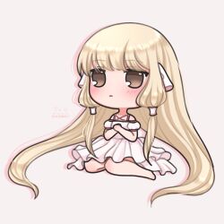 Rule 34 | 1girl, blonde hair, blush, brown eyes, chibi, chii, chiisana rie, chobits, colored shadow, commentary, dress, frilled dress, frills, hair tubes, highres, instagram logo, instagram username, long hair, low-tied sidelocks, puffy short sleeves, puffy sleeves, robot ears, shadow, short sleeves, simple background, sitting, solo, tiktok username, twitch logo, twitter logo, twitter username, very long hair, white background, white dress