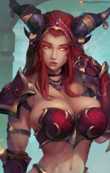 Rule 34 | 1girl, alexstrasza, breasts, cleavage, commentary request, cutesexyrobutts, glowing, glowing eyes, hand in own hair, highres, horn ornament, horns, large breasts, long eyebrows, long hair, looking at viewer, midriff, navel, orange eyes, red hair, solo, warcraft, world of warcraft, yellow eyes