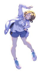 1girl belt blue_eyes brown_hair highres jacket legs looking_at_viewer love_live! love_live!_sunshine!! myumyumyu one_eye_closed open_clothes open_jacket open_mouth shirt shoes short_hair shorts simple_background smile sneakers socks t-shirt thighs variant_set watanabe_you waving white_shirt