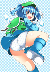 Rule 34 | 1girl, :d, ass, backpack, bag, blue eyes, blue hair, boots, cameltoe, female focus, hair bobbles, hair ornament, hat, kawashiro nitori, looking back, matching hair/eyes, open mouth, panties, pantyshot, polka dot, polka dot panties, randoseru, rubber boots, short hair, smile, solo, sugiura, touhou, trefoil, twintails, two side up, underwear