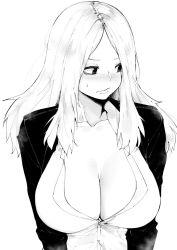Rule 34 | 1girl, blush, breasts, cleavage, closed mouth, collarbone, commentary, commission, dress shirt, english commentary, facing viewer, greyscale, highres, large breasts, long hair, looking away, looking to the side, monochrome, norman maggot, original, parted bangs, shirt, simple background, solo, unbuttoned, unbuttoned shirt, upper body, white background, white shirt
