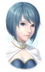 Rule 34 | 10s, 1girl, blue eyes, blue hair, bob cut, cape, expressionless, highres, lips, looking at viewer, magical girl, mahou shoujo madoka magica, mahou shoujo madoka magica (anime), matching hair/eyes, miki sayaka, portrait, realistic, sakkan, short hair, simple background, solo, white background
