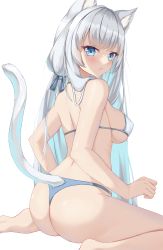 Rule 34 | 1girl, absurdres, animal ear fluff, animal ears, ass, bad id, bad pixiv id, barefoot, bikini, blue bikini, blue bow, blue eyes, blue ribbon, bow, breasts, chucolala, covered erect nipples, from behind, grey hair, hair bow, hair over shoulder, hair ribbon, halterneck, highres, jawr8473, large breasts, long hair, looking at viewer, looking back, ribbon, shirayuki aria, simple background, sitting, soles, solo, string bikini, swimsuit, tail, tail raised, transparent background, virtual youtuber, wariza, white background