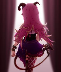 Rule 34 | 1girl, absurdres, armband, asymmetrical horns, asymmetrical legwear, back, blurry, blurry background, clenched hands, cowboy shot, curtains, demon girl, demon tail, dress, frilled dress, frills, highres, hololive, horns, long hair, mano aloe, microphone, multicolored hair, pink hair, pointy ears, rinh, skindentation, sleeveless, sleeveless dress, solo, standing, tagme, tail, thigh strap, thighhighs, two-tone hair, uneven horns, uneven legwear, virtual youtuber, walking away, wrist cuffs