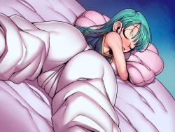 Rule 34 | 1girl, alternate hairstyle, arabian clothes, armpits, ass, bare shoulders, bed, blush, breasts, bulma, closed eyes, dragon ball, dragon ball (classic), female focus, from behind, gradient background, green hair, groin, highres, indoors, large breasts, legs, long hair, lying, hugging object, on bed, on stomach, open mouth, pants, pillow, pillow grab, pillow hug, simple background, sleeping, sleeveless, solo, spread legs, thighs, tukiwani, vest, white pants