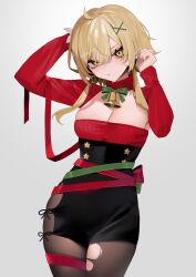Rule 34 | 1girl, ahoge, alternate costume, arms up, artist name, back bow, bebe (bebe pp), bell, belt, black skirt, blonde hair, blush, bow, bowtie, breasts, brown pantyhose, buttons, closed mouth, commentary, earrings, english commentary, fingernails, flower, genshin impact, green belt, green bow, green bowtie, green nails, grey background, grey flower, hair between eyes, hair flower, hair ornament, hands up, highres, jewelry, lily (flower), long fingernails, long sleeves, looking at viewer, lumine (genshin impact), medium breasts, nail polish, neck bell, pantyhose, puffy long sleeves, puffy sleeves, red belt, red bow, red sweater, short hair, short hair with long locks, sidelocks, simple background, skirt, solo, standing, star (symbol), sweater, torn clothes, x hair ornament, yellow eyes