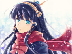 Rule 34 | 1girl, :o, bad id, bad pixiv id, black hair, blue eyes, bow, chisa, egyptian, hair tubes, hairband, isis (p&amp;d), long hair, open mouth, pink bow, puzzle &amp; dragons, red scarf, scarf, school uniform, snow, solo, upper body