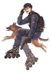 Rule 34 | 1boy, animal, badge, bags under eyes, belt, black footwear, black gloves, blue pants, blue shirt, bulletproof vest, cable, clothes writing, cross-laced footwear, dog, fingerless gloves, from side, full body, glasses, gloves, gun, half-closed eyes, hand up, handgun, highres, holding, holding gun, holding weapon, holster, inline skates, jumping, knee pads, long sleeves, looking at viewer, looking to the side, male focus, open mouth, original, pants, police, police uniform, policeman, roller skates, salute, shirt, short hair, simple background, sirokomamaru, skates, thigh holster, tongue, tongue out, uniform, weapon, white background