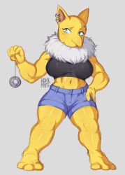 Rule 34 | 1girl, barefoot, black sports bra, blue shorts, breasts, coin, coin on string, colored skin, creatures (company), earrings, furry, furry female, game freak, gen 1 pokemon, grey background, hand on own hip, highres, hypno, jewelry, large breasts, mdblues, midriff, navel, neck fur, nintendo, no mouth, pokemon, pokemon (creature), shorts, signature, simple background, solo, sports bra, standing, yellow skin