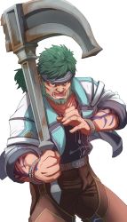 Rule 34 | &gt;:o, 1boy, :o, arm tattoo, beard, belt, bracelet, brown pants, buttons, character request, commentary request, cowboy shot, facial hair, falcom, green hair, grey eyes, hammer, headband, highres, holding, holding hammer, holding weapon, jacket, jewelry, long hair, looking at viewer, male focus, necklace, open mouth, pants, sahad (ys), simple background, sleeves rolled up, solo, standing, sumiyao (amam), tattoo, teeth, v-shaped eyebrows, war hammer, warhammer, weapon, white background, ys, ys viii lacrimosa of dana