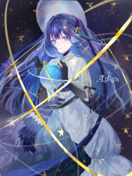 Rule 34 | 1girl, arknights, astesia (arknights), astesia (starseeker) (arknights), blue background, blue dress, blue eyes, blue hair, bright pupils, celestial globe, dress, elbow gloves, gloves, highres, layered dress, light smile, long hair, looking at viewer, monochrome background, orbited, puffy short sleeves, puffy sleeves, short sleeves, shumuji, simple background, sky, solo, star (sky), star (symbol), starry sky, white dress, white pupils, wide brim