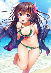 Rule 34 | 1girl, adapted costume, bikini, blue sky, breasts, brown eyes, brown hair, cleavage, cloud, crescent, crescent pin, day, frilled bikini, frills, gluteal fold, hair between eyes, hair ornament, jacket, kantai collection, kisaragi (kancolle), kisaragi kai ni (kancolle), leaning forward, long hair, looking at viewer, minami (apricot tea), ocean, open mouth, outdoors, running, side-tie bikini bottom, sky, smile, solo, swimsuit, teeth, thigh gap, upper teeth only, water, white bikini