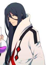Rule 34 | 1boy, black hair, closed mouth, eyelashes, fate/grand order, fate (series), fingernails, flask, hair between eyes, highres, holding, holding flask, long hair, long sleeves, male focus, masuiiizo, paracelsus (fate), robe, round-bottom flask, simple background, smile, solo, upper body, white background, white robe, yellow eyes