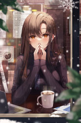 Rule 34 | 1girl, absurdres, air pods, black sweater, blurry, blush, breasts, brick wall, brown eyes, brown hair, cafe, coffee, coffee cup, commentary request, computer, covering own mouth, cup, depth of field, disposable cup, gongha, highres, laptop, large breasts, latte art, leaf, long hair, looking at viewer, menu, nail polish, original, own hands together, plant, potted plant, sidelocks, sitting, snowflakes, snowing, solo, sweater, turtleneck, turtleneck sweater, window