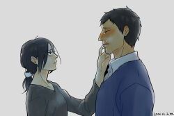 Rule 34 | 1boy, 1girl, bertolt hoover, blush, collared shirt, comforting, crying, freckles, from side, hand on another&#039;s cheek, hand on another&#039;s face, looking at another, low ponytail, mo(zu)co, sad, shingeki no kyojin, shirt, short hair, sweater, tears, upper body, ymir (shingeki no kyojin)