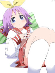Rule 34 | 1girl, absurdres, blue eyes, blush, bow, collared shirt, convenient leg, cushion, cynical (llcbluckg c004), dot nose, feet out of frame, hair bow, hairband, highres, hiiragi tsukasa, kneehighs, knees together feet apart, light blush, long sleeves, looking at viewer, lucky star, lying, medium hair, neckerchief, nose blush, on back, pleated skirt, purple hair, red neckerchief, red sailor collar, red skirt, ryouou school uniform, sailor collar, school uniform, serafuku, shirt, signature, simple background, skirt, socks, solo, steepled fingers, white background, white shirt, white socks, winter uniform, yellow bow, yellow hairband