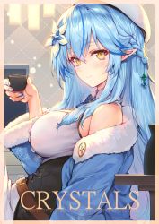 Rule 34 | 1girl, ahoge, alcohol, bare shoulders, beret, blue hair, bottle, braid, breasts, cup, elf, fingernails, flower, gradient hair, hair between eyes, hair flower, hair ornament, half updo, hand up, haoni, hat, highres, holding, holding cup, hololive, indoors, large breasts, long hair, looking at viewer, multicolored hair, pointy ears, sake, sake bottle, sitting, smile, solo, table, television, very long hair, virtual youtuber, yellow eyes, yukihana lamy