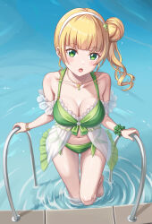 Rule 34 | 1girl, bare shoulders, birthday, blonde hair, blunt bangs, green eyes, hair bun, heanna sumire, highres, long hair, looking at viewer, love live!, love live! superstar!!, open mouth, solo, swimsuit, tsukimi seiya