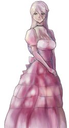 Rule 34 | 1girl, bmp-to-png conversion, braid, breasts, choker, cleavage, closed mouth, dress, elbow gloves, frederika (mon-musu quest!), french braid, furrowed brow, game cg, gloves, hair between eyes, large breasts, light frown, long hair, looking at viewer, mon-musu quest!, non-web source, pink dress, puffy short sleeves, puffy sleeves, short sleeves, simple background, solo, spoilers, transparent background, un do, victorian, white gloves, white hair, yellow eyes