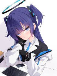 Rule 34 | 1girl, :t, absurdres, black jacket, blue archive, blue eyes, blue hair, blue necktie, closed mouth, collared shirt, commentary request, halo, head tilt, highres, holding, holding stylus, hood, hood down, hooded jacket, jacket, lisu, long hair, looking at viewer, necktie, off shoulder, shirt, simple background, solo, stylus, two side up, upper body, v-shaped eyebrows, white background, white jacket, white shirt, yuuka (blue archive)