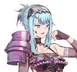 Rule 34 | 1girl, aged up, alternate costume, arm tattoo, armor, blue hair, breasts, close-up, dokuro deluxe, facial tattoo, fantasy, fingerless gloves, gawr gura, gloves, hair ornament, hairclip, highres, hololive, hololive english, metal hairband, open mouth, pauldrons, shoulder armor, sidelocks, single pauldron, small breasts, solo, tattoo, virtual youtuber, white background