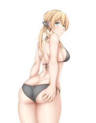 Rule 34 | 1girl, anchor hair ornament, aqua eyes, ass, bare arms, bare back, bare shoulders, bikini, black bikini, black ribbon, blonde hair, breasts, butt crack, cleavage, commentary request, cowboy shot, dimples of venus, from behind, hair ornament, halterneck, hand on own ass, highres, kantai collection, kyounami, large breasts, leaning forward, long hair, looking at viewer, looking back, low twintails, parted lips, pouty lips, prinz eugen (kancolle), ribbon, shoulder blades, side-tie bikini bottom, sideboob, simple background, solo, strap gap, string bikini, swimsuit, twintails, white background