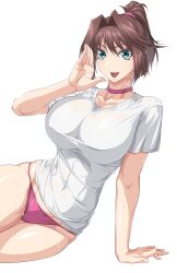 Rule 34 | 1girl, alternate breast size, arm support, bare legs, blue eyes, breasts, brown hair, choker, commentary request, covered navel, feet out of frame, hand up, highres, large breasts, linea alba, mazaki anzu, medium hair, open mouth, ozaneko, panties, ponytail, purple choker, purple panties, shirt, short sleeves, simple background, smile, solo, sweat, toned, underwear, white background, white shirt, yu-gi-oh!, yu-gi-oh! duel monsters, yu-gi-oh! the dark side of dimensions