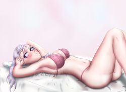 Rule 34 | 1girl, armpits, arms behind head, arms up, ass, bed, bikini, black clover, blush, bra, breasts, dazonart, highres, looking to the side, lying, noelle silva, panties, pink bikini, purple eyes, silver hair, swimsuit, thighs, twintails, underwear