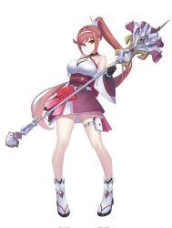 Rule 34 | 1girl, bare shoulders, breasts, chest jewel, cleavage, core crystal (xenoblade), detached sleeves, fingerless gloves, glimmer (xenoblade), gloves, halterneck, high ponytail, highres, japanese clothes, kimono, large breasts, legs, long hair, looking at viewer, nottme, ponytail, red hair, simple background, solo, swept bangs, white kimono, xenoblade chronicles (series), xenoblade chronicles 3, xenoblade chronicles 3: future redeemed, yellow eyes
