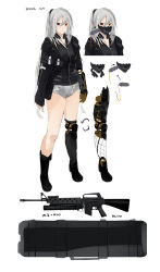 Rule 34 | 1girl, aai corporation, airtronic usa, artist name, assault rifle, black footwear, black jacket, black shirt, boots, breasts, brown eyes, closed mouth, colt&#039;s manufacturing company, colt defense, commission, diemaco, expressionless, full body, girls&#039; frontline, grenade launcher, gun, hair between eyes, hair ornament, hairclip, headphones, headphones around neck, heterochromia, highres, jacket, jewelry, knight&#039;s armament company, lewis machine and tool company, long hair, looking at viewer, m16, m16a1, m203, mask, mechanical arms, mechanical legs, medallion, necklace, off-shoulder shirt, off shoulder, original, pixiv commission, ponytail, red eyes, rifle, rm equipment, scar, scar across eye, scar on face, shirt, shorts, silver hair, single mechanical arm, single mechanical leg, solo, standing, sutekina awa, u.s. ordnance, underbarrel grenade launcher, weapon, weapon case, white background, white shorts