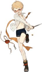 Rule 34 | 10s, 1boy, blonde hair, blood, blue eyes, full body, glasses, hakata toushirou, male focus, official art, open clothes, open mouth, open shirt, red-framed eyewear, shirt, short sword, shorts, smile, solo, standing, standing on one leg, sword, tantou, toinana, torn clothes, torn shirt, touken ranbu, transparent background, weapon