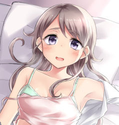 Rule 34 | 1girl, armpits, bare shoulders, blush, bra, breasts, camisole, cleavage, commentary request, green bra, light brown hair, long hair, looking at viewer, lying, neit ni sei, on back, on bed, open clothes, open mouth, open shirt, original, pillow, purple eyes, shadow, shiny skin, shirt, sidelocks, small breasts, smile, solo, sweat, underwear, upper body
