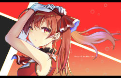 Rule 34 | 1girl, :o, arm up, breasts, character name, countlen, from side, gold trim, hair ribbon, heterochromia, hololive, houshou marine, houshou marine (1st costume), jacket, long hair, looking at viewer, medium breasts, parted lips, red eyes, red hair, red jacket, red ribbon, ribbon, sleeveless, sleeveless jacket, solo, surprised, twintails, tying hair, upper body, virtual youtuber, yellow eyes