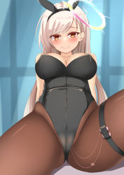 Rule 34 | 1girl, animal ears, black hairband, black leotard, black pantyhose, blue background, blurry, blurry background, blush, breasts, brown eyes, cameltoe, closed mouth, collarbone, commission, controller, fake animal ears, female focus, hairband, half-closed eyes, halo, happy, highres, indie virtual youtuber, kasumasu (tales75), large breasts, leaning back, leotard, long hair, looking at viewer, pantyhose, playboy bunny, rabbit ears, remote control, remote control vibrator, sex toy, sidelocks, sitting, skeb commission, smile, solo, split mouth, spread legs, straight-on, strapless, strapless leotard, swept bangs, thick thighs, thigh strap, thighs, vibrator, vibrator cord, vibrator under clothes, virtual youtuber, white hair, yukihime annie