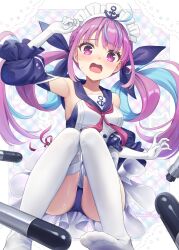 Rule 34 | 1girl, anchor symbol, armpits, azur lane, blush, breasts, collarbone, detached sleeves, drill hair, highres, hololive, long hair, looking at viewer, maid headdress, medium breasts, minato aqua, multicolored hair, official alternate costume, purple eyes, purple hair, simple background, swimsuit, thighhighs, tokoshibyra, torpedo, twin drills, twitter username, two-tone hair, virtual youtuber