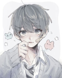 Rule 34 | 1boy, ahoge, ao moke, bandaid, bandaid on face, border, cardigan, closed mouth, collarbone, collared shirt, commentary, diagonal-striped clothes, diagonal-striped necktie, double-parted bangs, grey cardigan, grey eyes, grey hair, grey necktie, grey theme, hair between eyes, hair ornament, hairpin, hand up, highres, long sleeves, looking at another, looking at viewer, looking to the side, loose necktie, male focus, multiple hairpins, necktie, open collar, original, outside border, shirt, short hair, signature, simple background, sleeves past wrists, striped clothes, tears, tears from one eye, two-tone necktie, unhappy, upper body, white border, white shirt