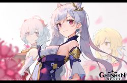 Rule 34 | 3girls, ahoge, bare shoulders, bell, blonde hair, blue hair, braid, breasts, cowbell, detached sleeves, double bun, dress, earrings, flower, frilled sleeves, frills, ganyu (genshin impact), genshin impact, hair bun, hair flower, hair ornament, hairclip, haru on, horns, jewelry, keqing (genshin impact), long hair, looking at viewer, lumine (genshin impact), multiple girls, purple eyes, purple hair, sideboob, sleeveless, sleeveless dress, smile, twintails, upper body, yellow eyes