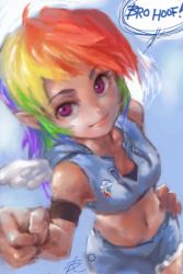 Rule 34 | 1girl, armlet, eyelashes, fist bump, hand on own hip, long hair, looking at viewer, midriff, min chan-wook, mini wings, multicolored hair, my little pony, my little pony: friendship is magic, personification, phantom ix row, pointy ears, purple eyes, rainbow dash, rainbow hair, shorts, smile, solo, speech bubble, wings