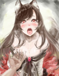 Rule 34 | 1boy, 1girl, absurdres, animal ears, bare shoulders, black nails, blush, brown hair, dress, fangs, highres, imaizumi kagerou, long hair, looking at viewer, nail polish, off shoulder, omizu chihiro, open mouth, oral invitation, red eyes, saliva, tail, tail wagging, teeth, tongue, tongue out, touhou, uvula, wolf ears, wolf tail