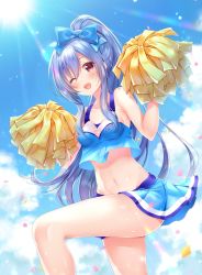 Rule 34 | 1girl, ;d, aoba project, aoba rena, bare arms, bare legs, bare shoulders, blue bow, blue hair, blue shirt, blue skirt, blue sky, bow, breasts, cheerleader, cloud, collarbone, confetti, cowboy shot, crop top, crop top overhang, day, groin, hair bow, hands up, highres, holding, holding pom poms, knee up, long hair, looking at viewer, medium breasts, midriff, miniskirt, navel, one eye closed, open mouth, outdoors, pleated skirt, pom pom (cheerleading), ponytail, red eyes, sakura moyon, shirt, sidelocks, skirt, sky, sleeveless, sleeveless shirt, smile, solo, standing, standing on one leg, stomach, sun, sunlight, thighs, very long hair