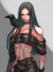 Rule 34 | 1boy, abs, absurdres, androgynous, bare shoulders, black choker, black hair, choker, crown, guilty gear, highres, long hair, looking at viewer, male focus, navel, parted lips, red eyes, testament (guilty gear), yohane shimizu