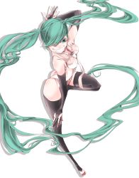 Rule 34 | 1girl, aqua eyes, aqua hair, bad id, bad pixiv id, barefoot, elbow gloves, fingerless gloves, full body, gloves, grin, hatsune miku, hatsune miku (append), highres, long hair, necktie, one eye closed, simple background, smile, solo, teriyaki2, thighhighs, toeless legwear, twintails, very long hair, vocaloid, vocaloid append, wink